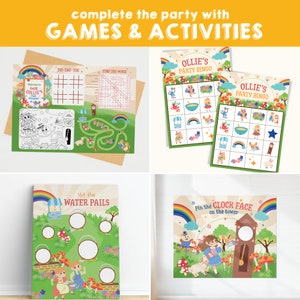K&ouml;nnte beinhalten: Ein Set druckbarer Partyspiele f&uuml;r Kinder mit Waldthema, Regenb&ouml;gen, Pilzen und einem Uhrturm. Die Spiele beinhalten Tic-Tac-Toe, Finde das Wort, Bingo, Treffe die Wassereimer und Stecke die Uhrzeit an den Turm.