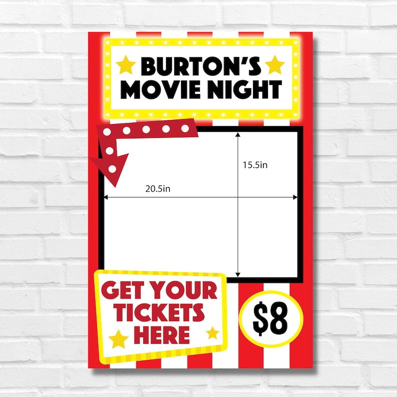 Editable Movie Theater Ticketing Booth Photo Prop featuring Get Your Tickets Here sign and red stripe design for drive in movie party and Hollywood themed celebrations