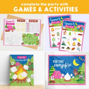 May include: A set of printable camping-themed party games for kids. The games include tic-tac-toe, find the word, party bingo, pin the campfire, and toss the marshmallows. The games are illustrated with cute cartoon animals and camping gear.