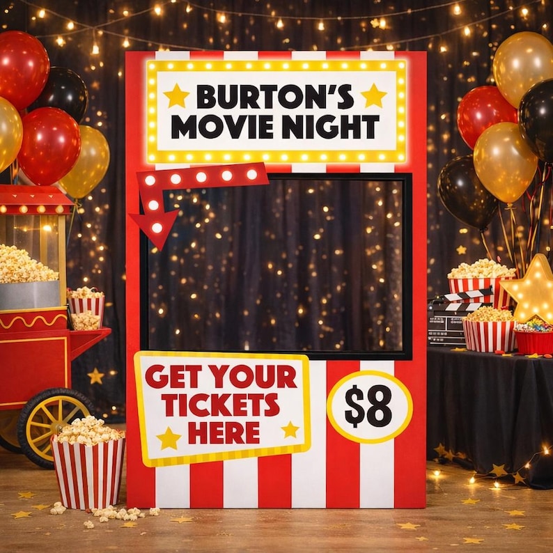 Movie Night Ticketing Booth Photo Prop with personalized marquee frame for Hollywood movie night party and kids cinema birthday photo booth