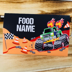 DIY Monster Jam food tent card, big truck party decorations for boys birthday party food table and dessert booth