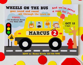 Wheels on the Bus Party Invitation Printable, EDITABLE Yellow School Bus Birthday Invite Template, First Birthday, Nursery Rhyme Party