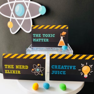 Mad Science Food Labels Editáveis para impressão de festa/Cartões de barraca de comida para festa de cientista para impressão