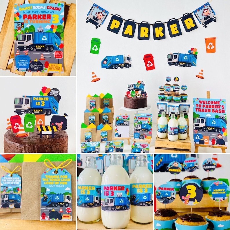 May include: A birthday party setup with a garbage truck theme. Decorations include a banner with the name "Parker", a cake with a garbage truck topper, cupcakes with garbage truck toppers, and favor bags with garbage truck designs. The party is for a child turning three years old.
