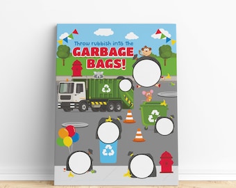 May include: A colorful printable game for kids featuring a garbage truck, recycling bins, and animals. The game encourages kids to throw rubbish into the garbage bags. The text on the game says "Throw rubbish into the garbage bags!"