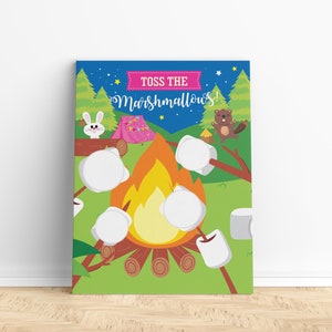 May include: A blue and green illustration of a campfire with marshmallows on sticks. The text "Toss the Marshmallows!" is at the top of the image.