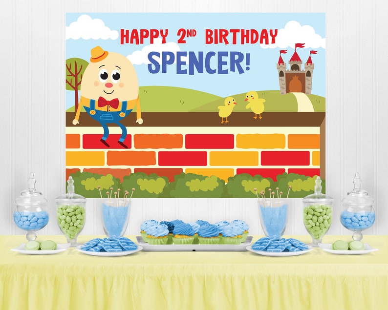 Puede incluir: Una mesa de decoraci&oacute;n para una fiesta de cumplea&ntilde;os con un esquema de color azul y verde. El tel&oacute;n de fondo presenta un personaje de dibujos animados, un castillo y el texto "Happy 2nd Birthday Spencer!"