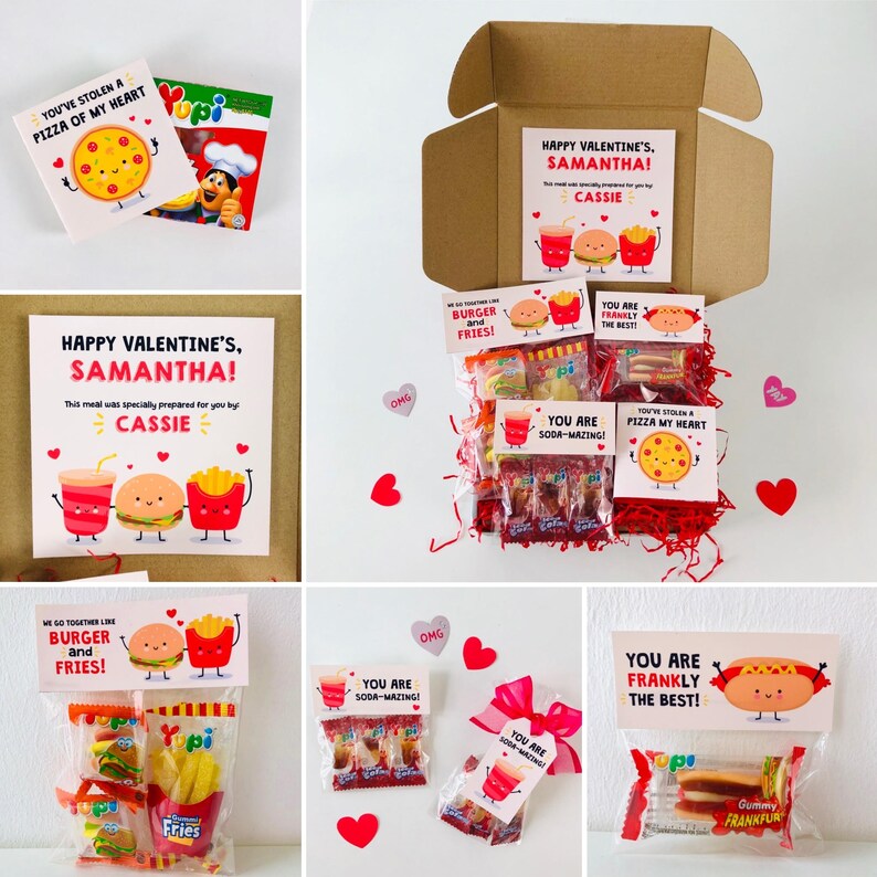 Pu&ograve; includere: Una confezione regalo di San Valentino piena di caramelle e biglietti. I biglietti presentano illustrazioni di cartoni animati di cibi come pizza, hamburger, patatine fritte e bibite. La scatola include il testo "Happy Valentine's, Samantha!" e "You've stolen a pizza of my heart."