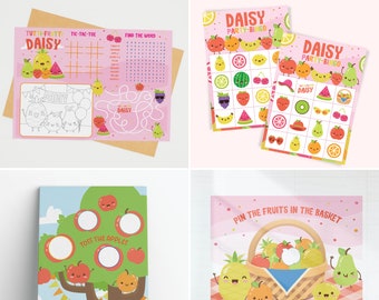 May include: A printable games and activities kit for a fruit-themed party. The kit includes a tic-tac-toe game, a word search, a maze, a bingo game, a toss the apples game, and a pin the fruit in the basket game. All of the games feature cute cartoon fruit characters.