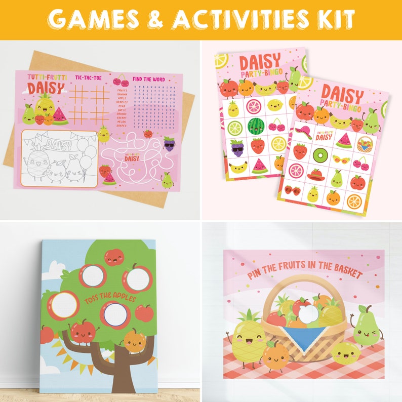 May include: A printable games and activities kit for a fruit-themed party. The kit includes a tic-tac-toe game, a word search, a maze, a bingo game, a toss the apples game, and a pin the fruit in the basket game. All of the games feature cute cartoon fruit characters.