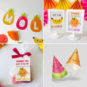 Editable Tutti Frutti party decorations printable set including invitation template, banner and cupcake toppers for summer birthday party