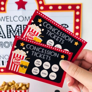 Concession Tickets and Food Tent Cards for Movie Night Party, clapperboard style popcorn labels and drink cards printable