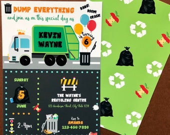 May include: A green and white garbage truck with the words "Kevin Wayne" on the side. The truck is driving towards a recycling center with a sign that says "The Wayne's Recycling Centre". The invitation is for a birthday party on Sunday, June 5th from 2-4pm. The invitation is decorated with green, white, and black garbage bags, apples, and recycling symbols.