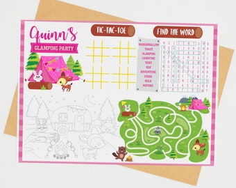Glamping Party Coloring Placemat, Games & Activities (Digital Download)