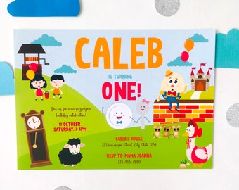 May include: A colorful birthday invitation for a one-year-old boy named Caleb. The invitation features a nursery rhyme theme with illustrations of a clock, a sheep, a well, a castle, and characters from the nursery rhyme "This Little Piggy". The invitation includes the date, time, and location of the party, as well as the RSVP information.