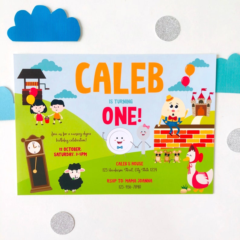 May include: A colorful birthday invitation for a one-year-old boy named Caleb. The invitation features a nursery rhyme theme with illustrations of a clock, a sheep, a well, a castle, and characters from the nursery rhyme "This Little Piggy". The invitation includes the date, time, and location of the party, as well as the RSVP information.