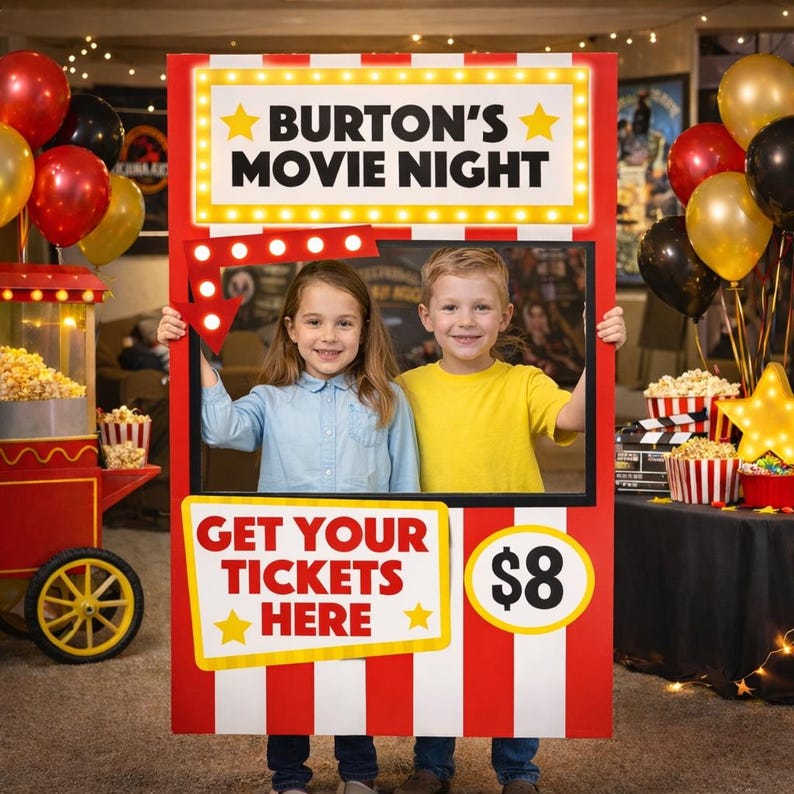 Movie Night Ticketing Booth Photo Prop with personalized marquee frame for Hollywood movie night party and kids cinema birthday photo boot
