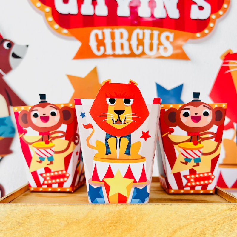 Circus Animals Party Favors Boxes Template | Birthday Carnival Party Popcorn Box, Greatest Show Snack Box Printable