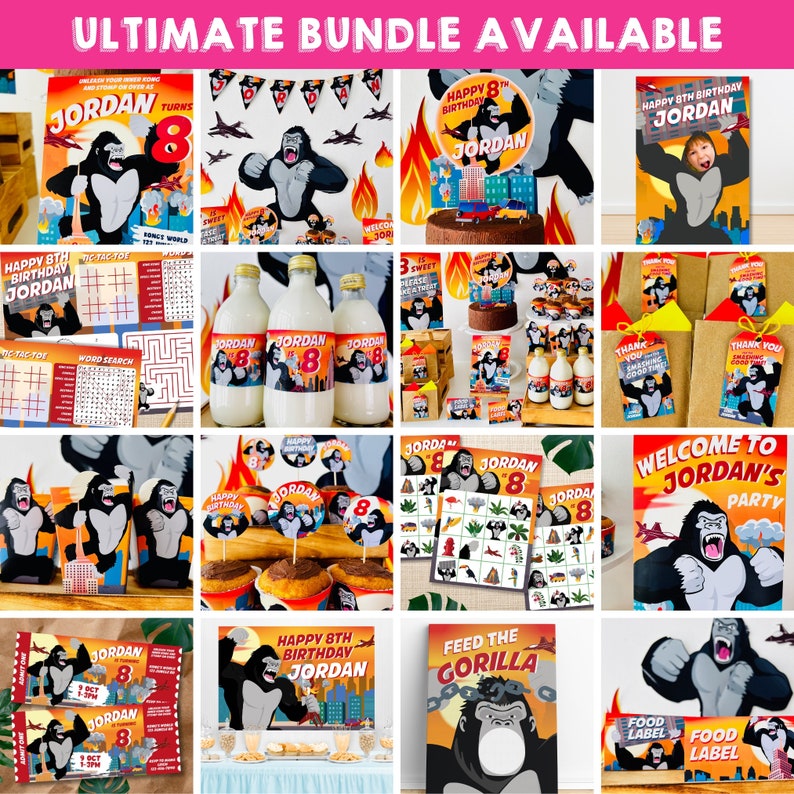 King Kong Party, Planet of the Apes Birthday Party, Black Gorilla Party, Godzilla Party, Jungle Birthday Bash, Chimpanzee Party, Kingdom of the Apes Party