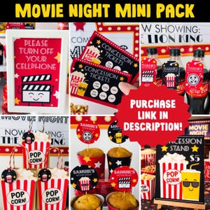 Movie theme party mini bundle printable with concession cards cupcake toppers and drink tags setup