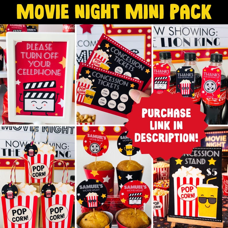 Movie theme party mini bundle printable with concession cards cupcake toppers and drink tags setup