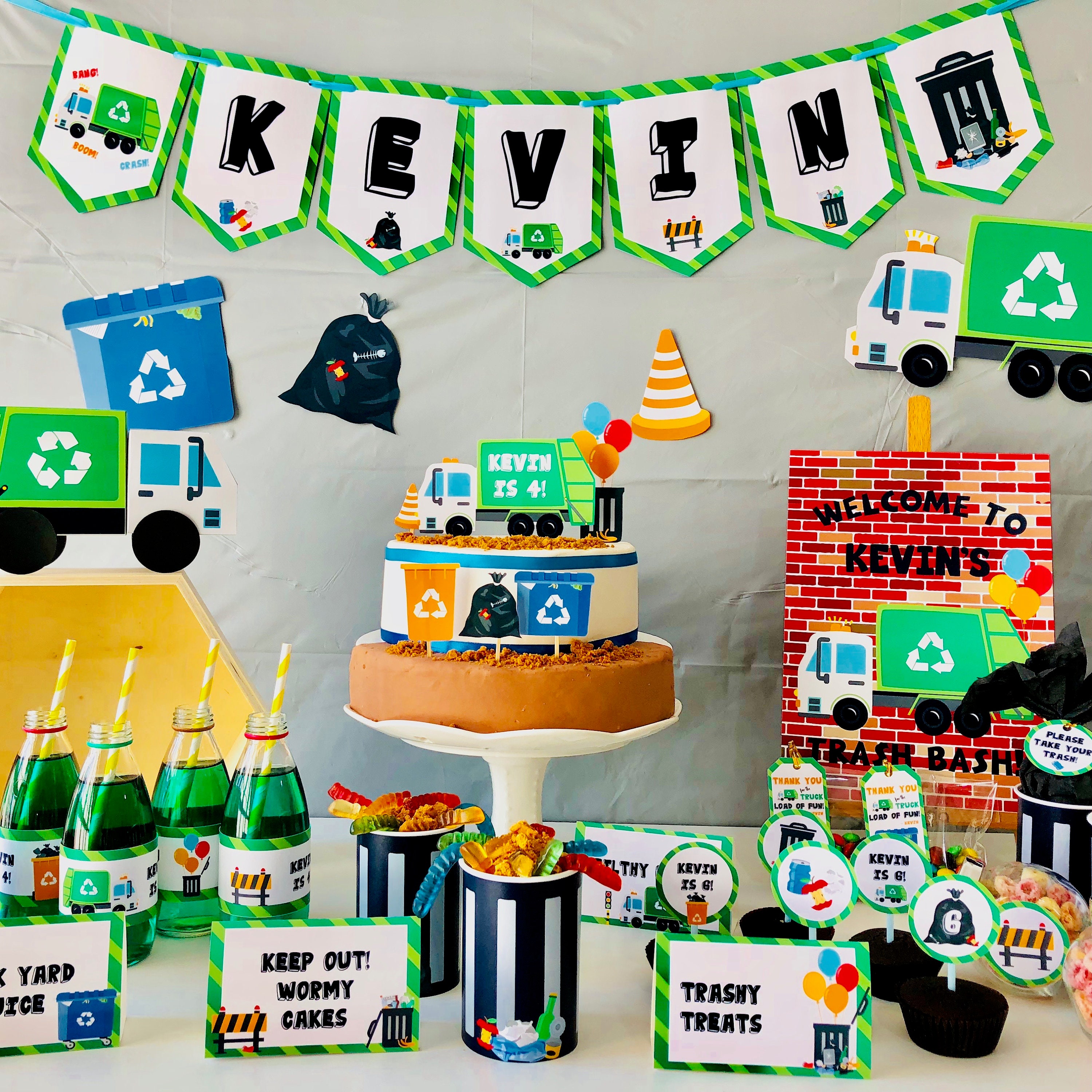 Garbage Truck Birthday Banner Trash Party Supplies Waste Management Recycling Of 