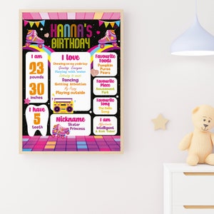 May include: A colorful birthday chart for a girl named Hanna. The chart features a black background with rainbow stripes and stars. It includes information about her age, height, weight, favorite foods, activities, and personality traits. The chart is decorated with roller skate graphics.