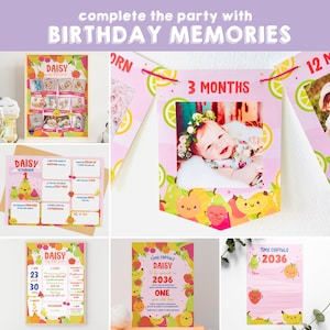 Twotti Frutti printable birthday party decorations featuring a fruit theme. The decorations include a banner with photos, a time capsule, and a milestone chart. The decorations are pink, yellow, and green with a cute cartoon fruit design.
