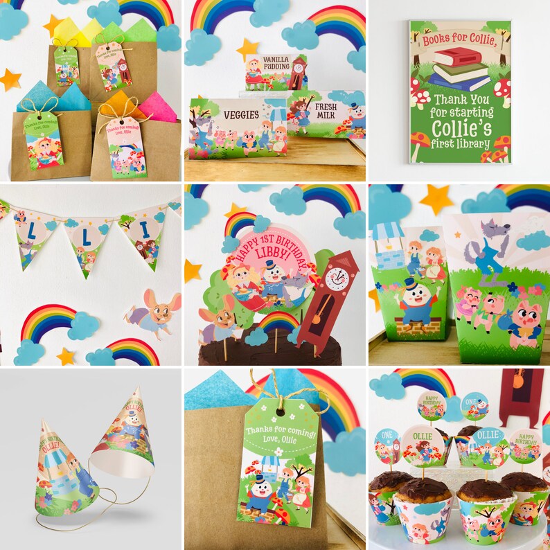 May include: A collection of party decorations featuring a whimsical storybook theme. Includes gift tags, banners, cupcake toppers, and party hats. The decorations feature illustrations of characters, rainbows, and the text "Happy 1st Birthday Libby!" and "Books for Collie."