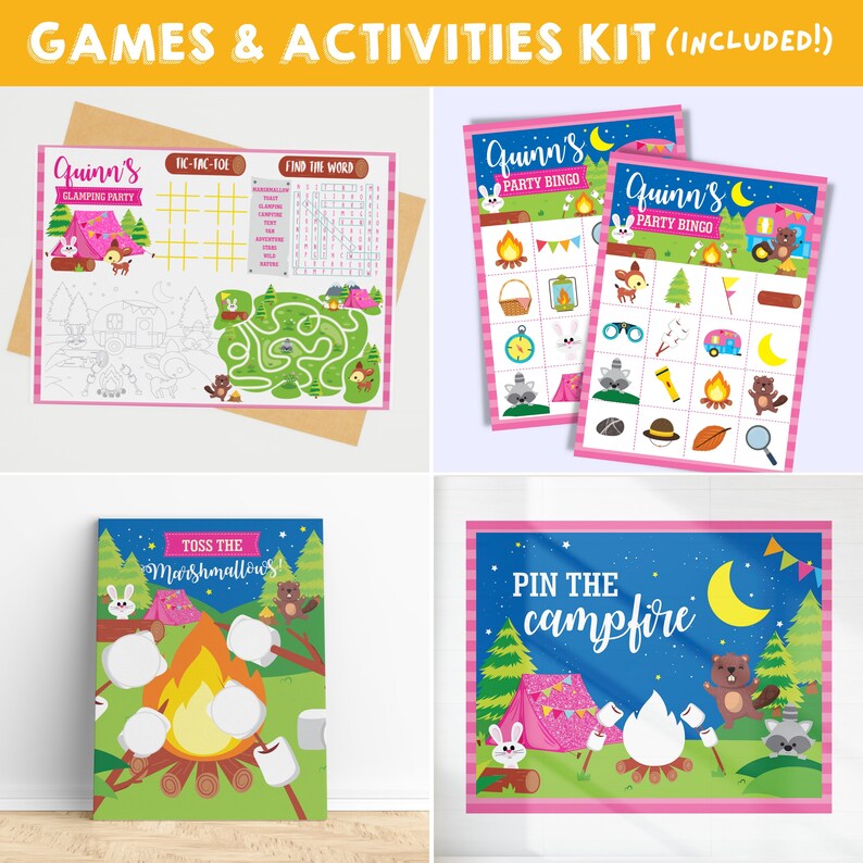 May include: A set of printable camping-themed party games for kids. The games include a camping-themed bingo card, a tic-tac-toe game, a find the word game, a toss the marshmallows game, and a pin the campfire game.