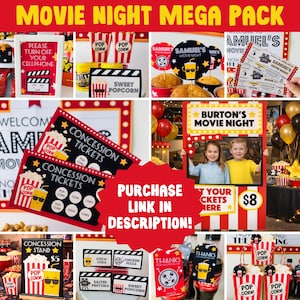 Movie night mega bundle printable with invitations decorations party games and concession stand setup for kids