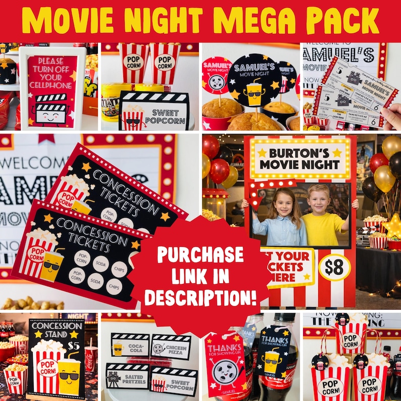 Movie night mega bundle printable with invitations decorations party games and concession stand setup for kids