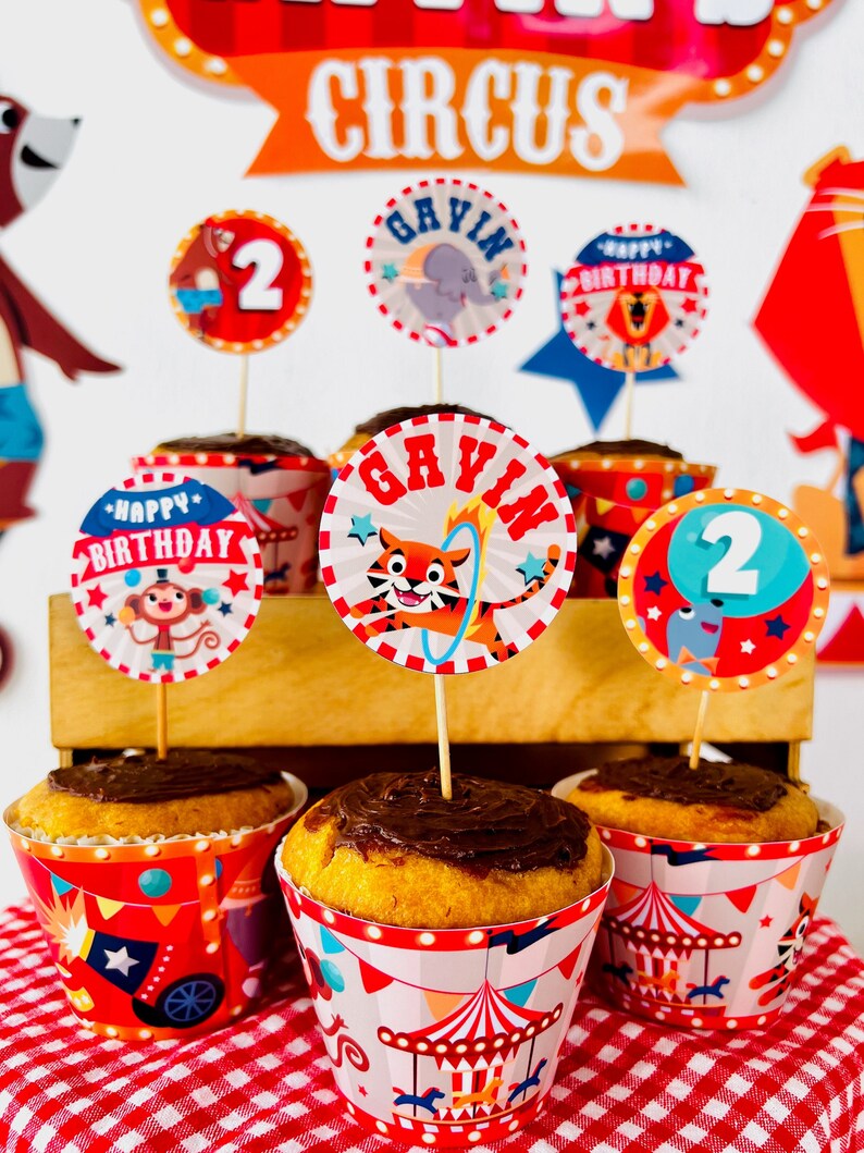 Circus Animals Party Cupcake Toppers Printable | Birthday Carnival Big Top Party Dessert Toppers, Greatest Magic Show Cake Toppers, Greatest Showman Party Decoration