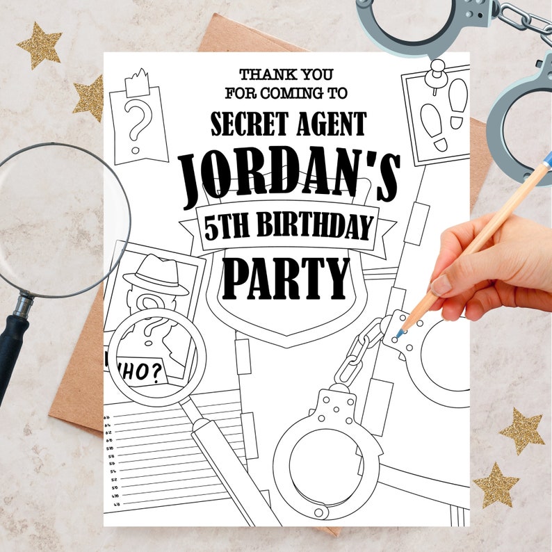 Detective Party Games, Spy Party, Secret Agent Party Activities, Murder Mystery Party, Secret Agent Party, Sherlock Holmes Birthday Party Game | Pin Game, Toss Game, Detective Training Academy, Pretend Play, Birthday Coloring, Coloring Activity Page