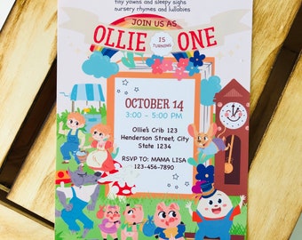 May include: A colourful invitation for a first birthday party with the name "Ollie" in large letters. The invitation features a rainbow arch, a clock, a wolf, pigs, and a character from the children's book "The Very Hungry Caterpillar". The invitation includes the date "October 14", the time "3:00 - 5:00 PM", and the address "Ollie's Crib 123 Henderson Street, City State 1234". The RSVP information is "RSVP TO: MAMA LISA 123-456-7890".