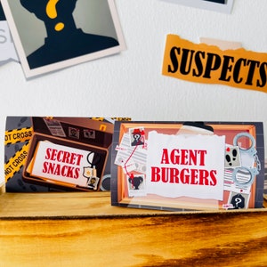 Detective Party Food Labels EDITABLE Printable | Murder Mystery Party Food Tent Cards, Secret Agent, Spy Birthday Food, Party Decor