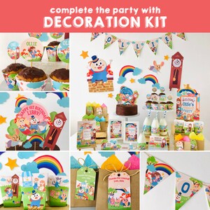 May include: A colorful party decoration kit featuring a cartoon character with a red hat and a clock tower. The kit includes a banner, cupcake toppers, favor bags, and a welcome sign. The theme is "Ollie's 1st Birthday Party".