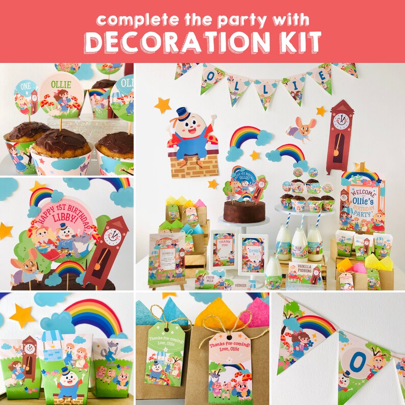 May include: A colorful party decoration kit featuring a cartoon character with a red hat and a clock tower. The kit includes a banner, cupcake toppers, favor bags, and a welcome sign. The theme is "Ollie's 1st Birthday Party".