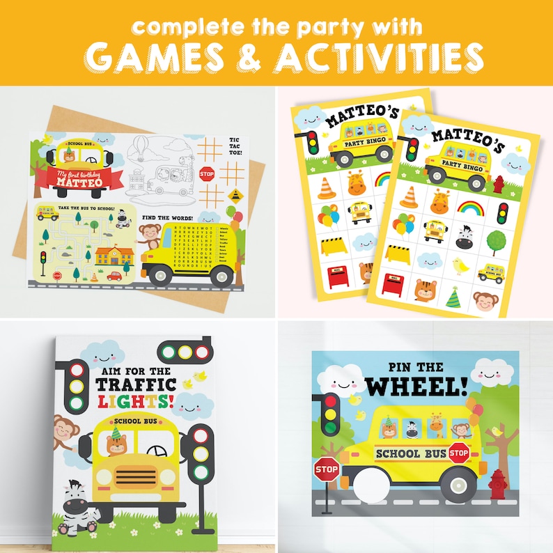 A set of printable games and activities for a school bus themed birthday party. The games include a find the words puzzle, a take the bus to school maze, a noughts and crosses game, a party bingo game, aim for the traffic lights game, and a pin the wheel game.