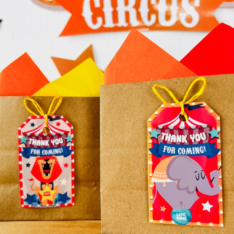 Circus Animals Party Favors Gift Tags Printable | Birthday Carnival Party Tags, Greatest Show, Circus Big Top Party Gift Labels, Carnival Party Favors