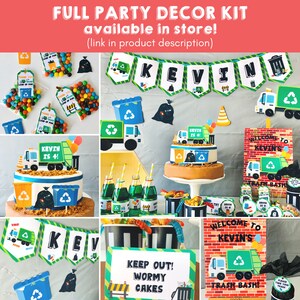 May include: A green and white garbage truck themed party decor kit with a banner that says "KEVIN" and a cake with a garbage truck on top. The kit includes a welcome sign, cupcake toppers, favor bags, and other decorations.