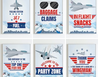 Pacchetto di poster di decorazioni per feste di piloti di caccia Pacchetto modificabile stampabile / Party di jet militari, aeronautica militare, cartelli per feste di volo in aereo