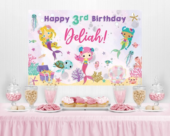 Mermaid Birthday Backdrop Editable Printable/ Under the Sea Party Backdrop Birthday Banner Party Decorations Printable Il_570xn