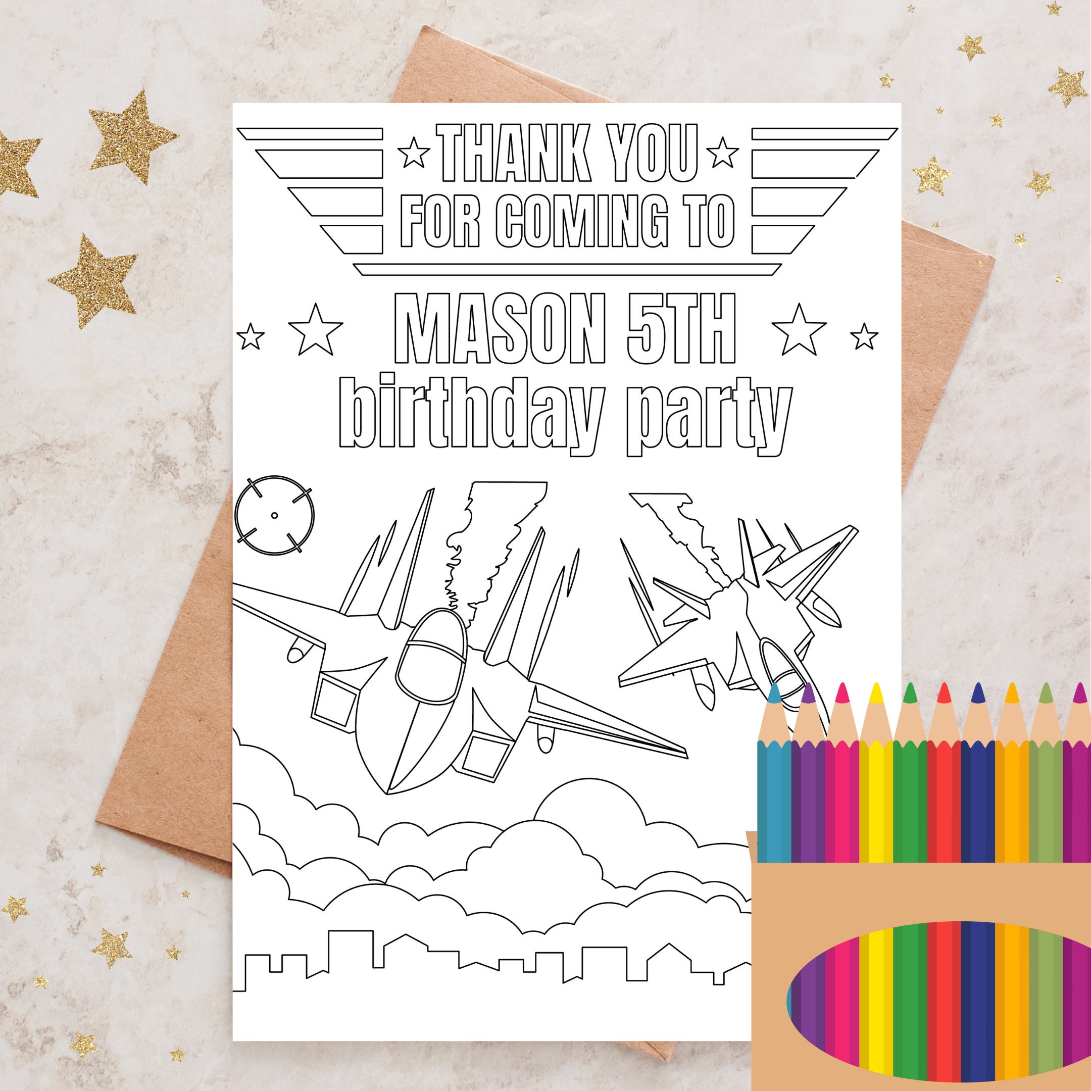 Top One Birthday Coloring Page EDITABLE Printable | Kids Coloring Activity Sheet, Placemat, Party Favor | Fighter Jet Plane Party Favor