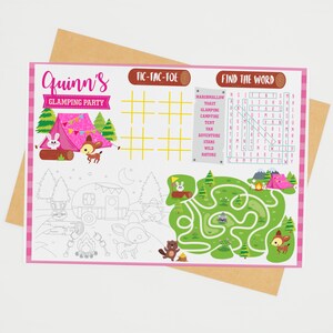 May include: A pink and green printable activity sheet for a glamping party with the name Quinn's at the top. The sheet includes a tic-tac-toe game, a word search, and a maze. The word search includes words like marshmallow, toast, glamping, campfire, tent, van, adventure, stars, wild, and nature.