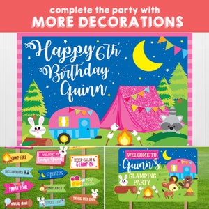 May include: A set of printable camping party decorations featuring a pink and blue camper, a pink tent, a campfire, and a raccoon. The decorations include a welcome sign that says "Welcome to Quinn's Glamping Party" and several directional signs with phrases like "Camp Fire", "Keep Calm & Glamp On", and "Stargazing".