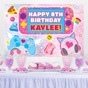 Printable pink gamer girl party backdrop editable with large controller graphics