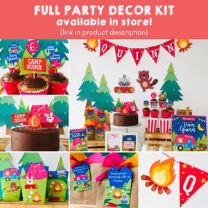 May include: A camping themed party decor kit with a variety of items, including a banner, cupcake toppers, favor bags, and a welcome sign. The colors are pink, red, blue, green, and yellow. The text on the banner reads "Quinn". The text on the welcome sign reads "Welcome to Team Quinn".