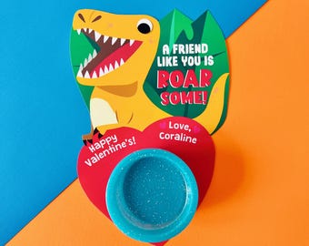 Dinosaur Play Doh Valentines Card Holder Printable | Kids Valentines Play Dough Gift | Classroom Valentines Party Favor, School Friend Gift