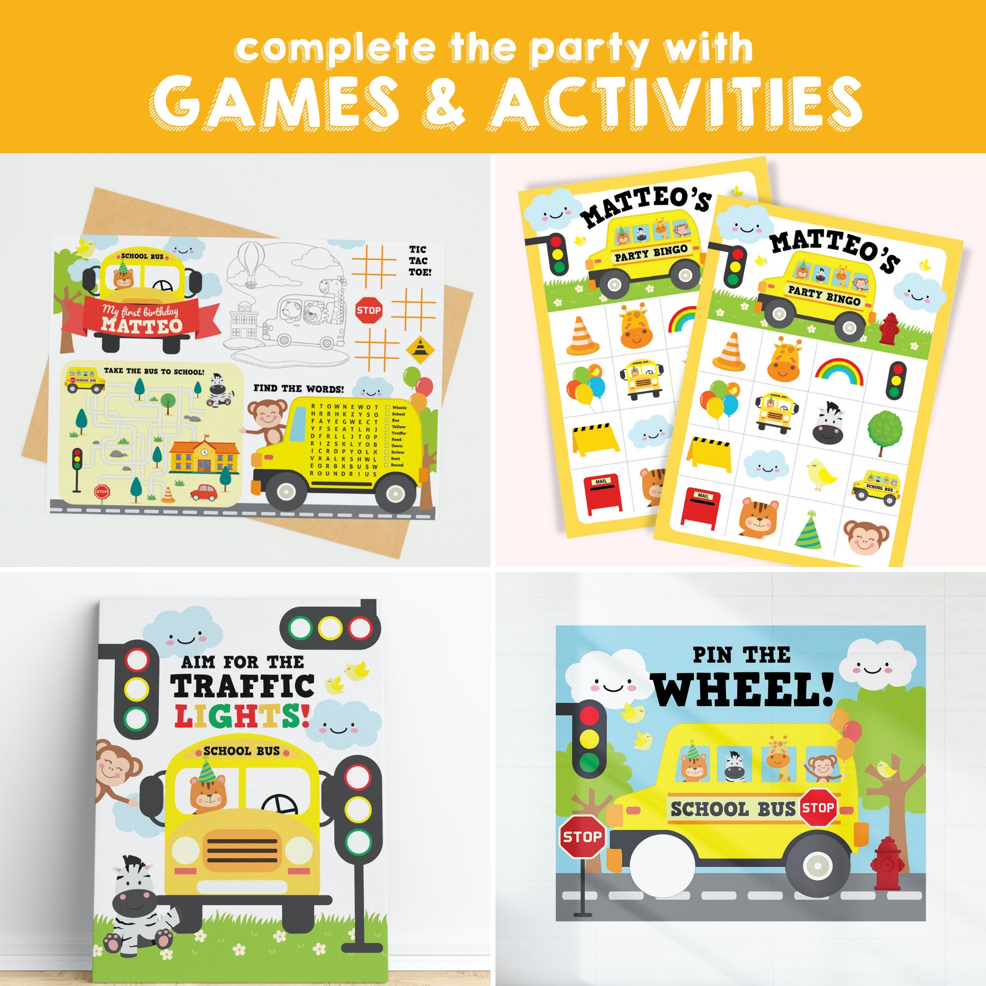 Gioco Pin The Wheel On The School Bus Per Festa Di Bentornato A Scuola - Poster 52,5x70 Cm Con 32 Adesivi E Benda